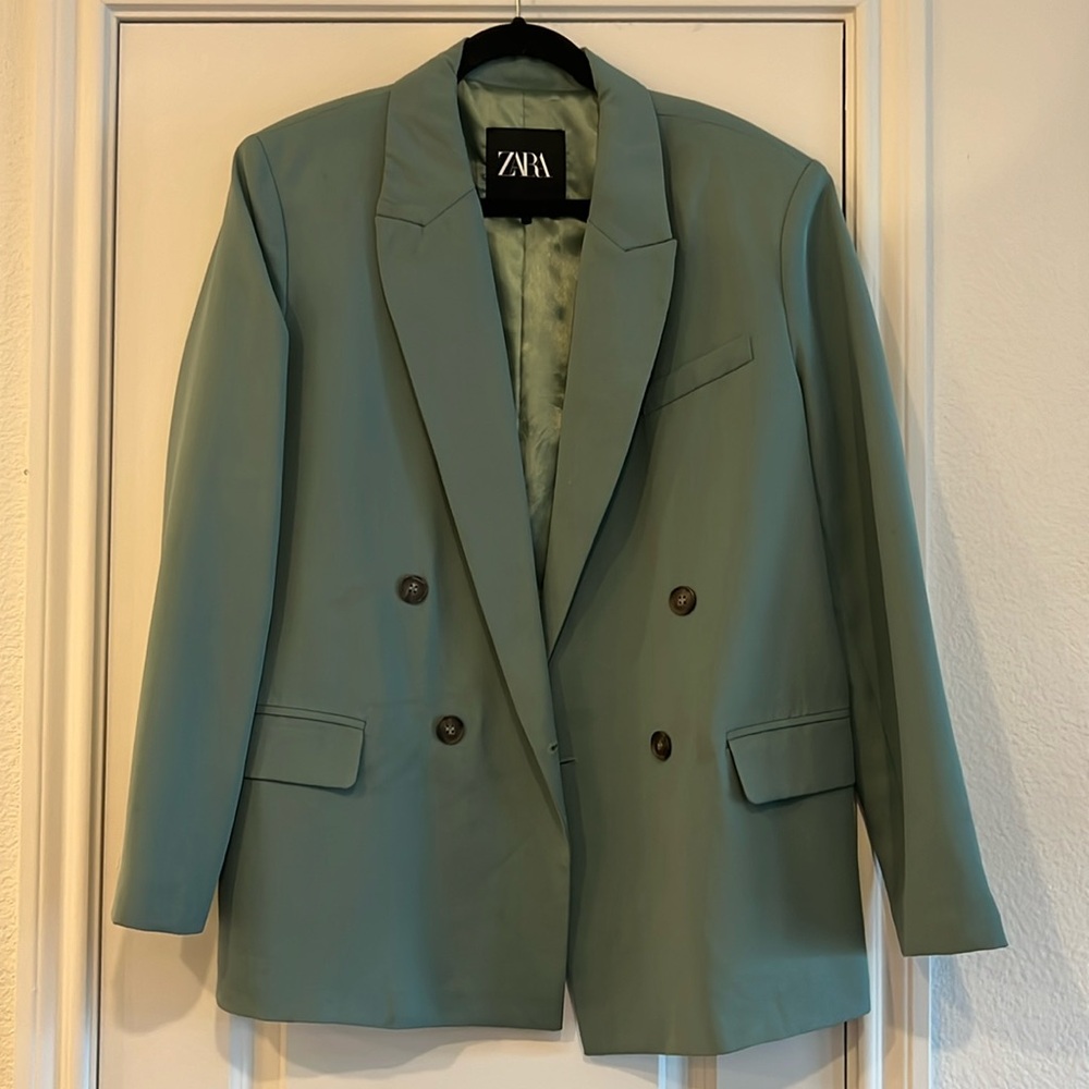 Zara Double-Breasted Mint Green Blazer